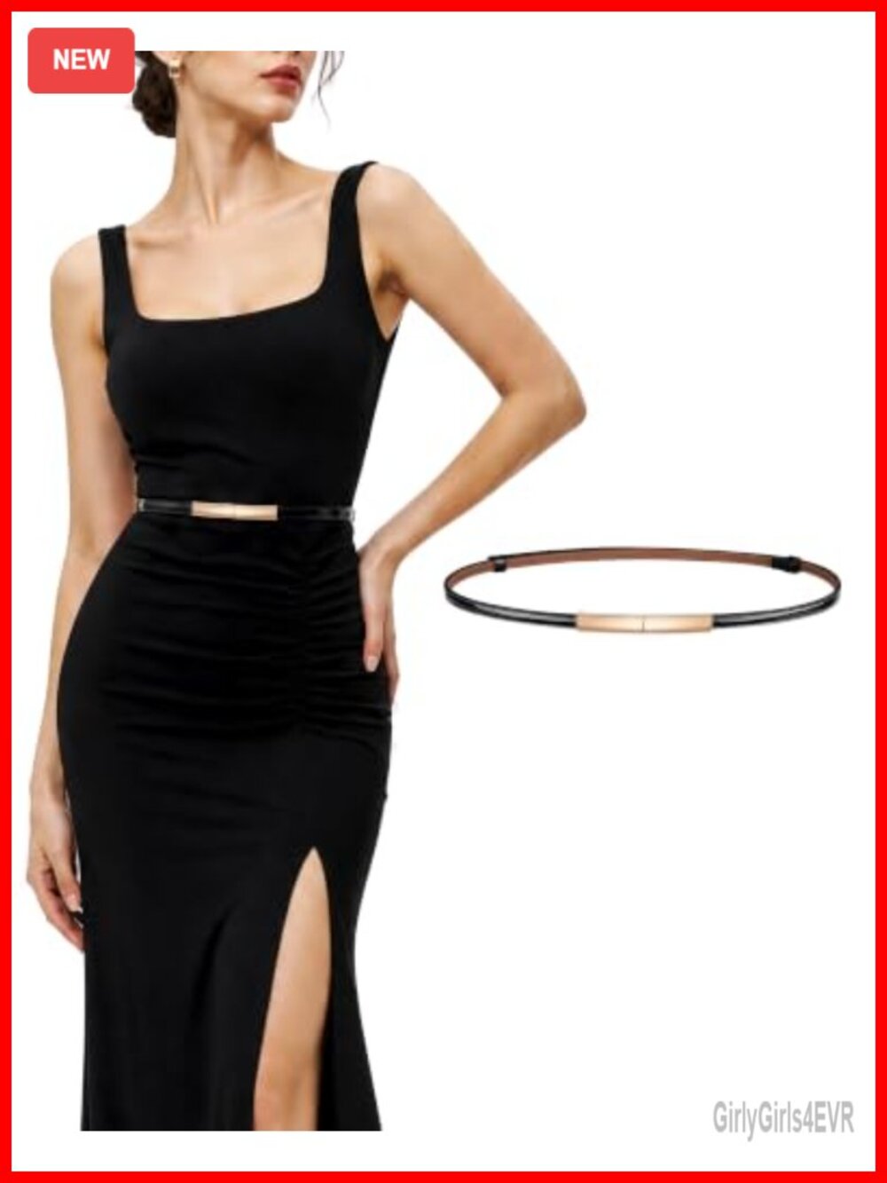Patent Leather Skinny Women's Belt with Gold Square Buckle, Adjustable,